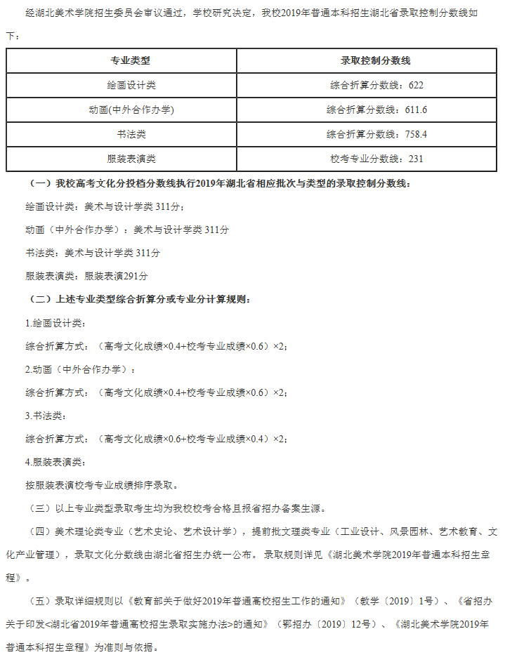 湖北美术学院2019年普通本科招生湖北省录取控制分数线.jpg